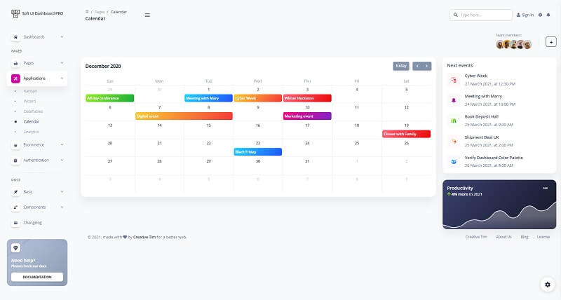 Interactive calendar page provided by Soft UI Dashboard that showcase many charts and widgets nicely aligned and presented.