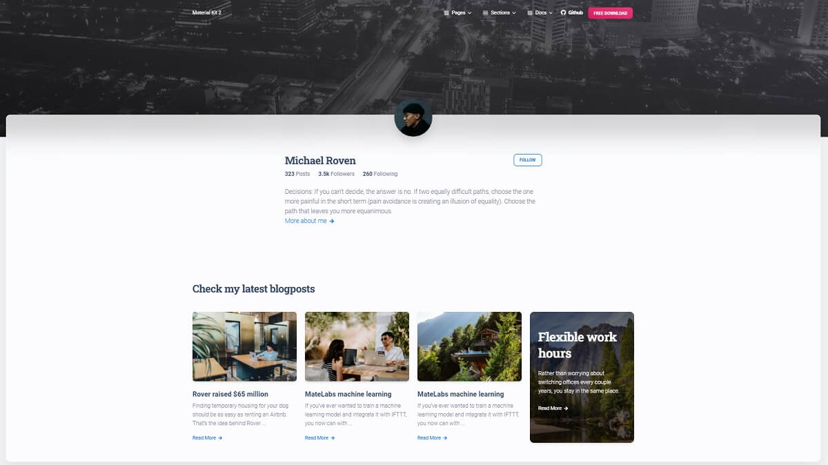 Material Kit 2 - Author Page, open-source product crafted by Creative-Tim.