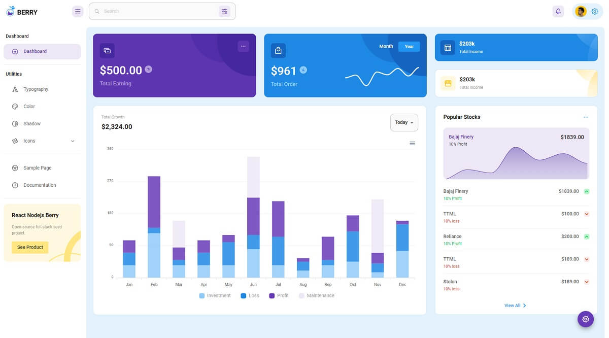 Sample Page provided by Berry Dashboard, an open-source template crafted in React by CodedThemes. 