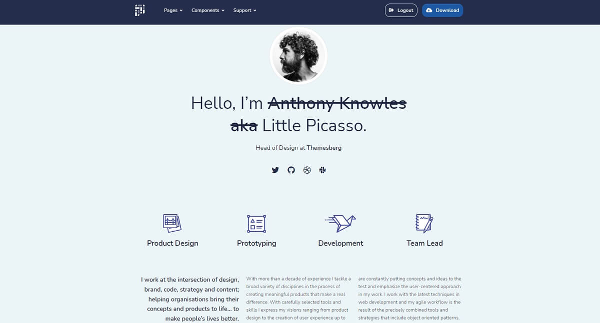 A modern page with a nice blue color provided by Pixel Lite, an open-source Django Template project.  