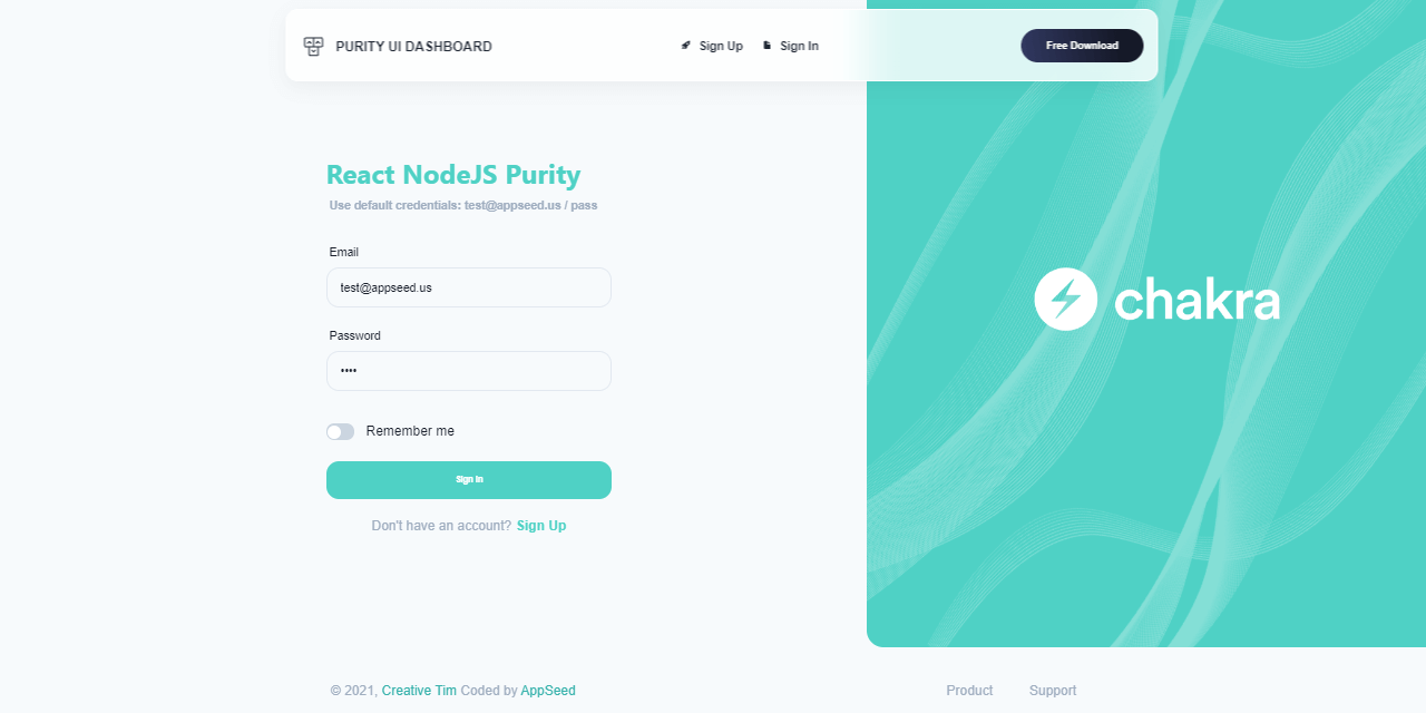 Chakra UI - Purity Login Page, open-source seed project.