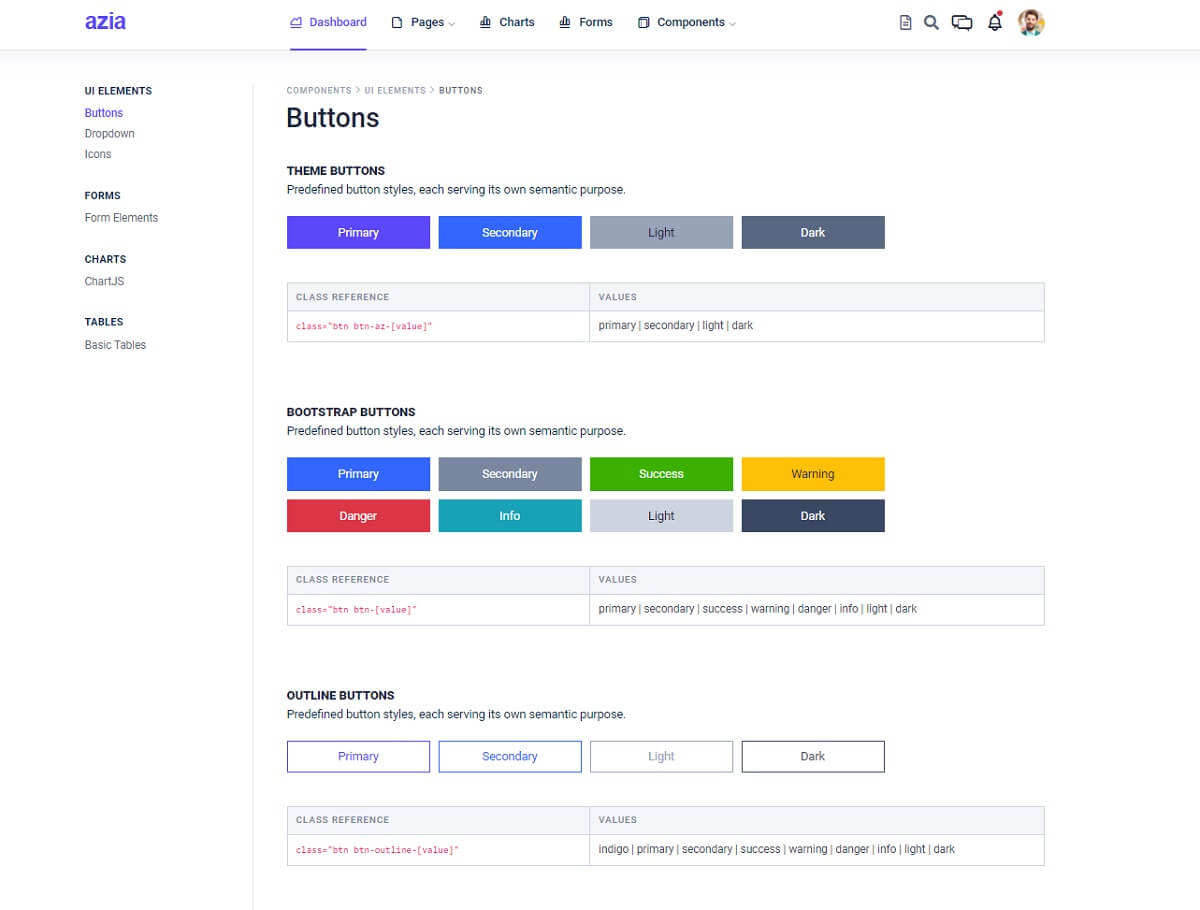 A simple web page with a left menu and colorful buttons and forms, all provided by Azia Admin, open-source dashboard. 