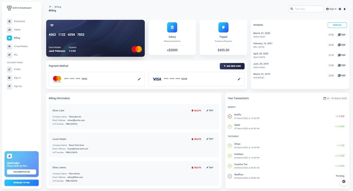 A nice billing page with many payment cards and widgets, all provided by Soft UI Dashboard, React version.