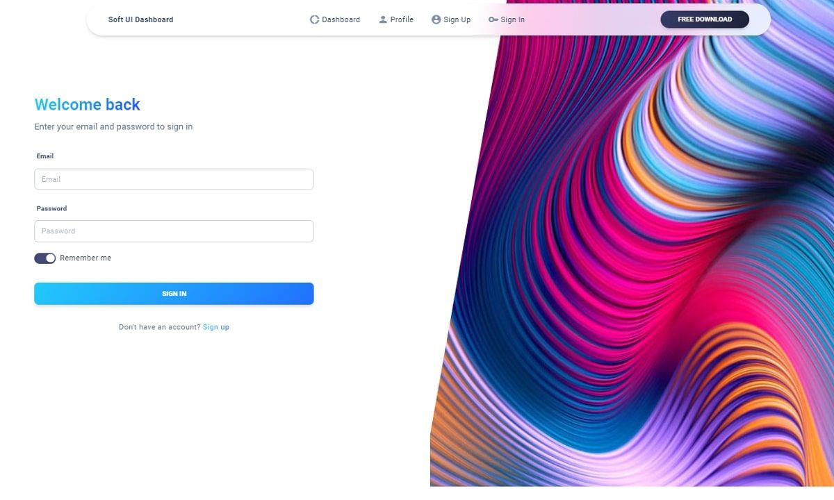A modern and colorful login page provided by Soft UI Dashboard, React version.