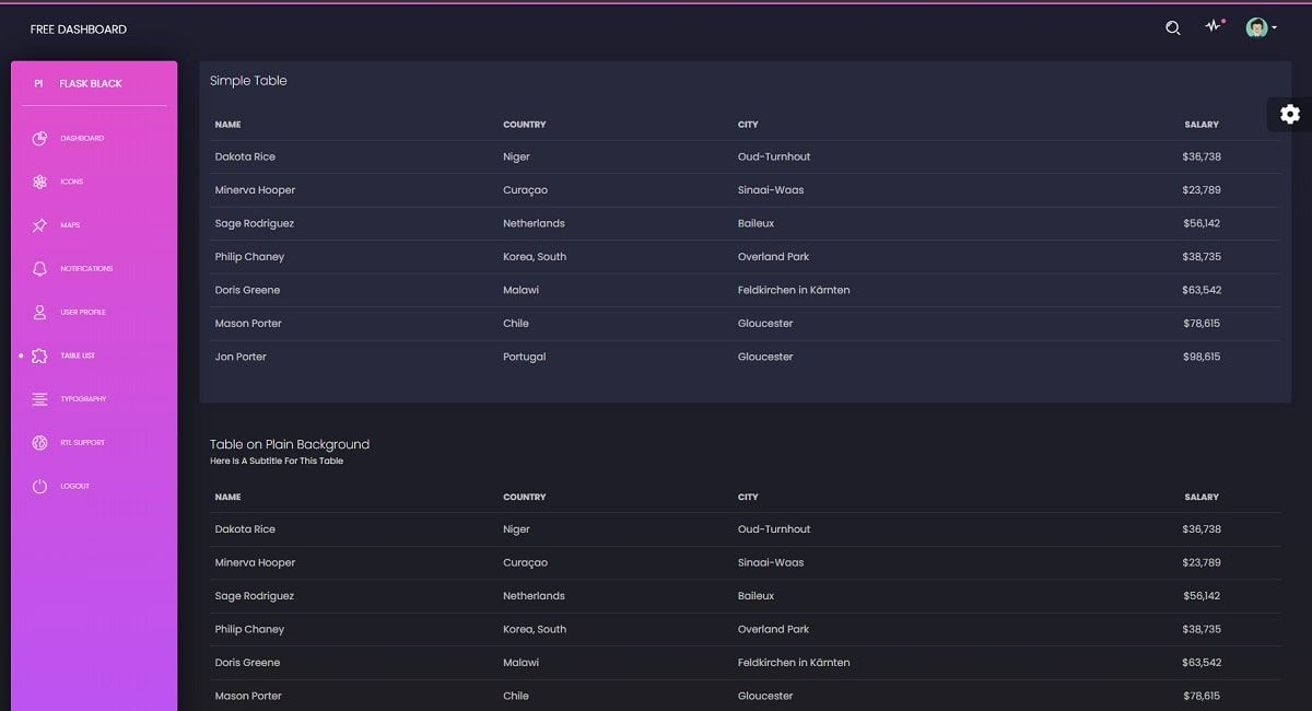 Flask Black Dashboard - UI Tables Page.