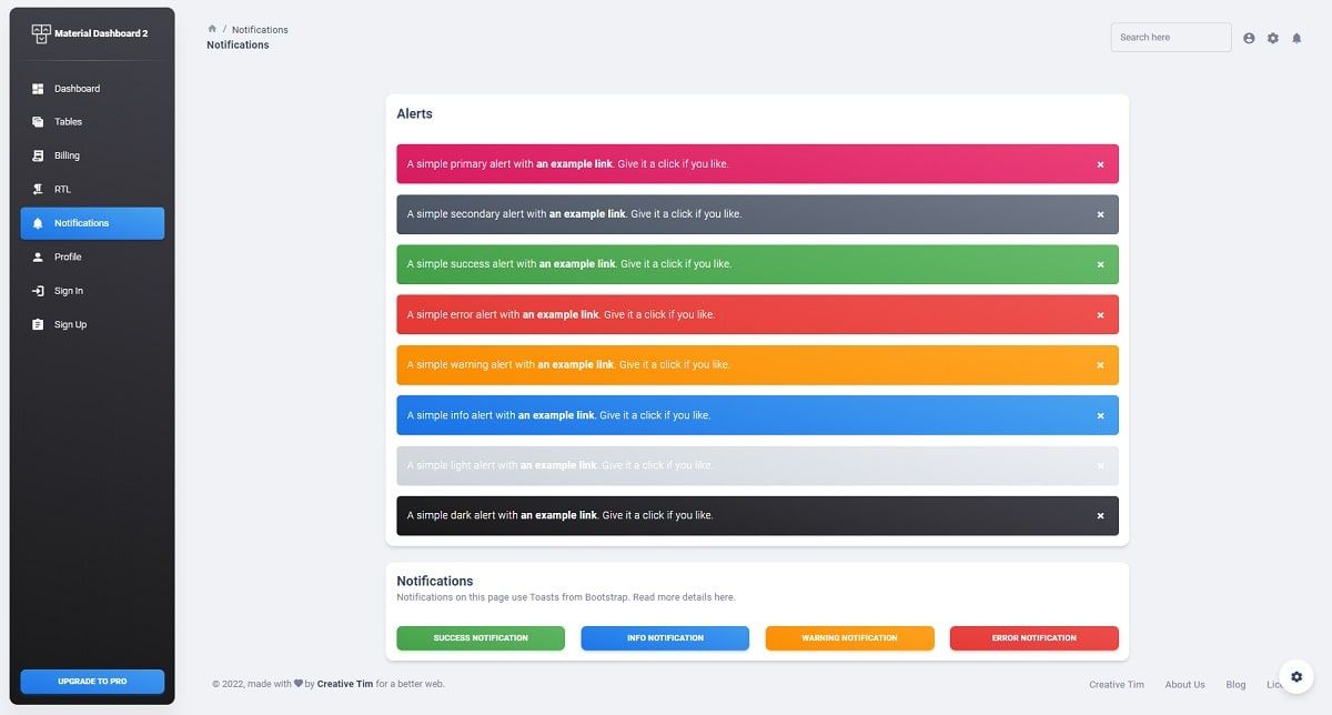 Material Dashboard 2 React - Alerts