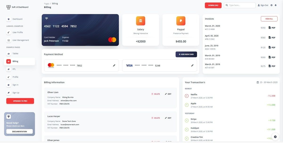 Soft UI Dashboard Laravel - Billing Page (styled with Bootstrap 5).