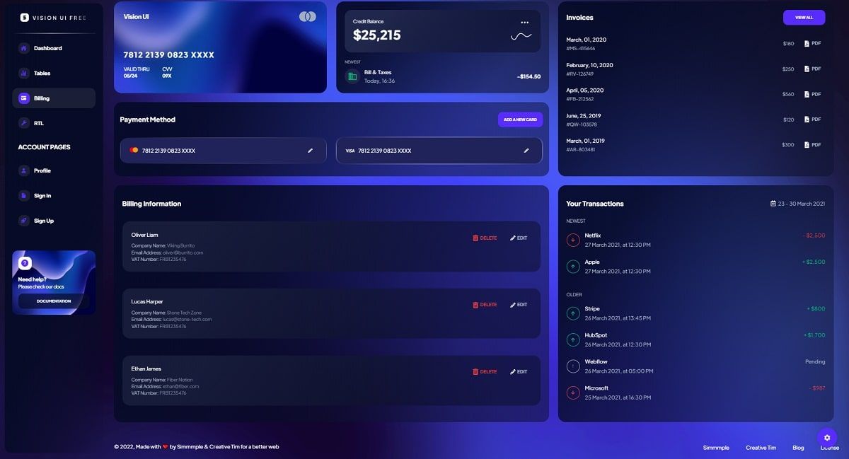 Vision UI Dashboard Chakra - Billing Page.