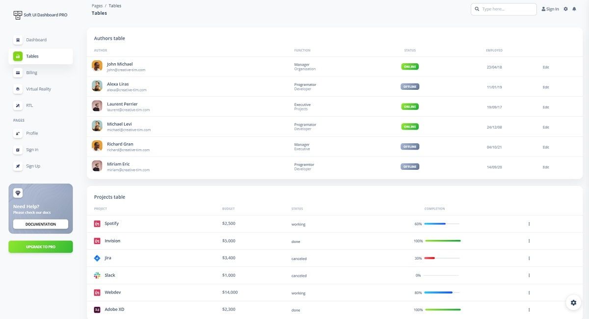 Vue Soft UI Dashboard - UI Tables Page.