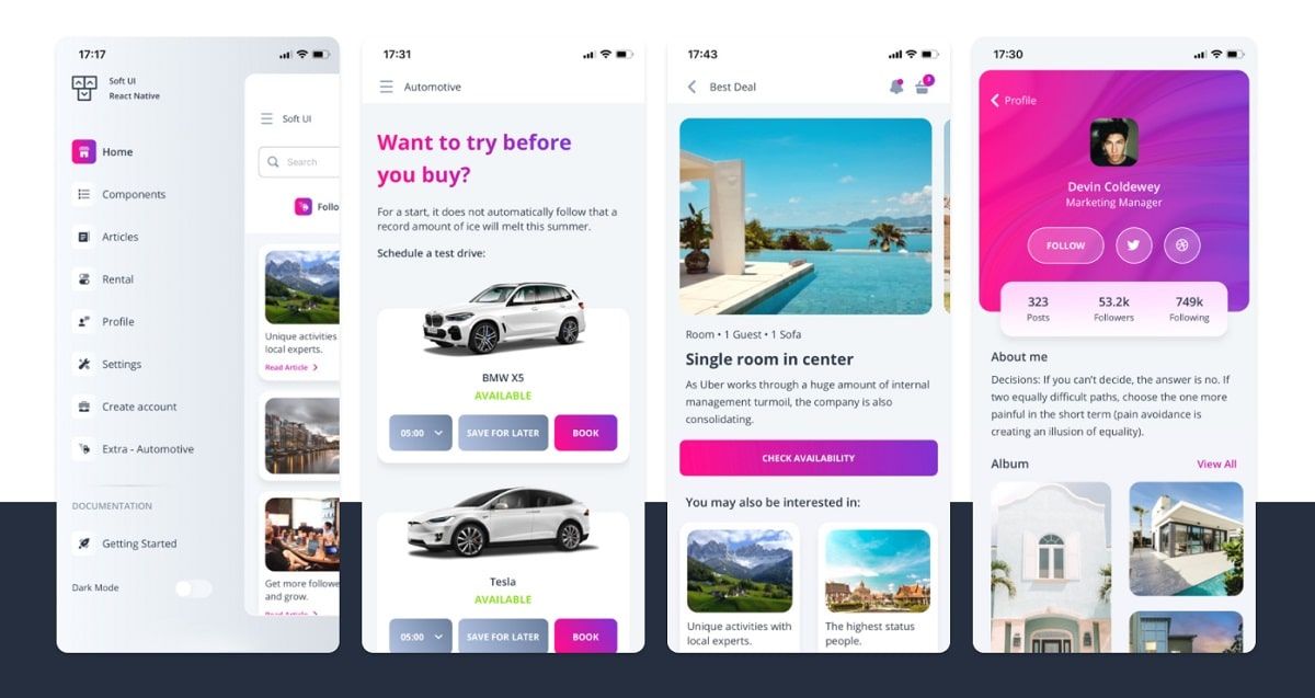 Soft UI React Native - Sample Screens.