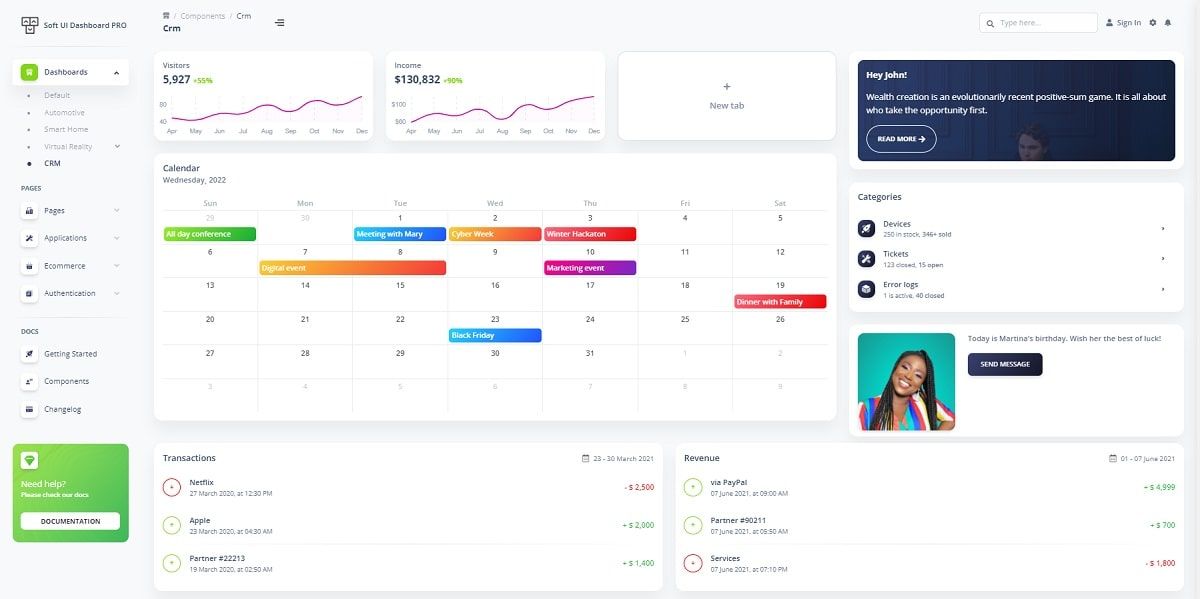 Vuetify Soft UI Dashboard PRO - CRM Page.