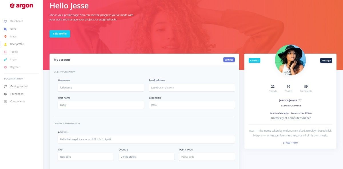 Argon Dashboard Angular (Open-Source) - User Profile Page
