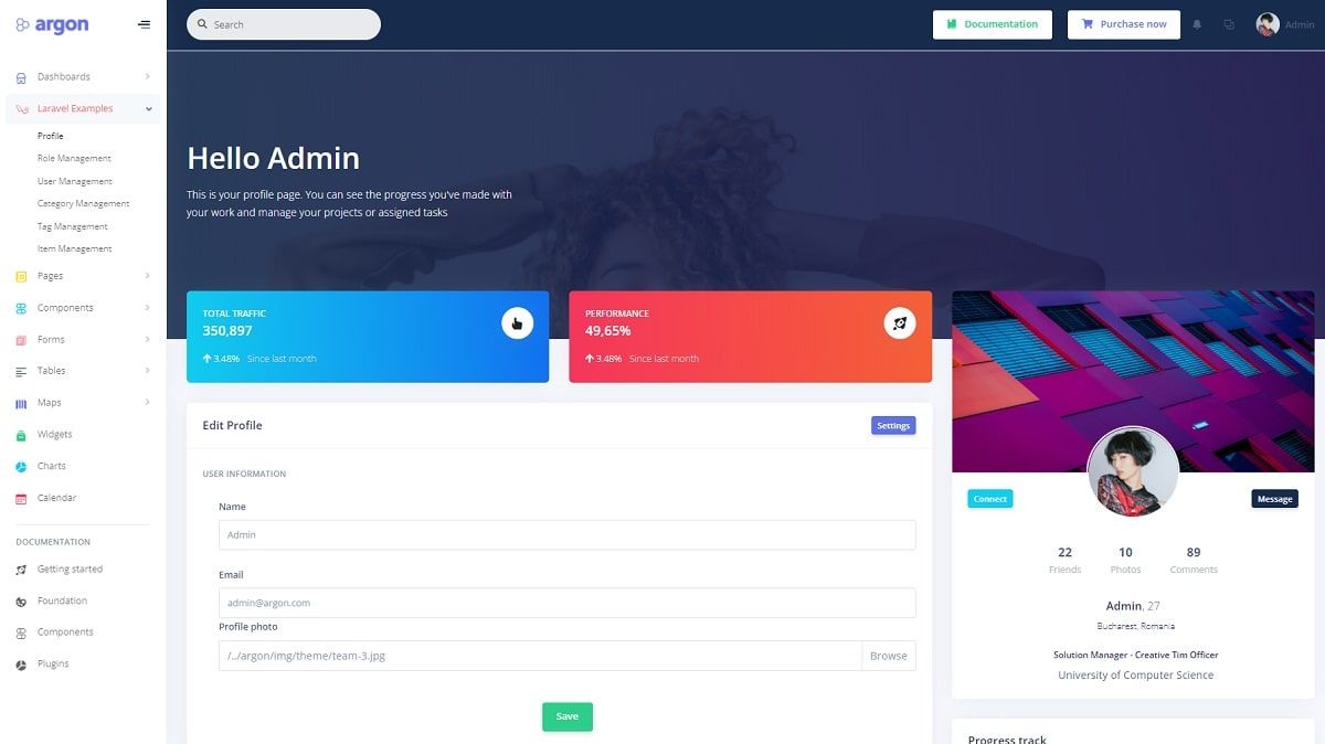 Argon Dashboard Pro Laravel (Premium Starter) - User Profile Page