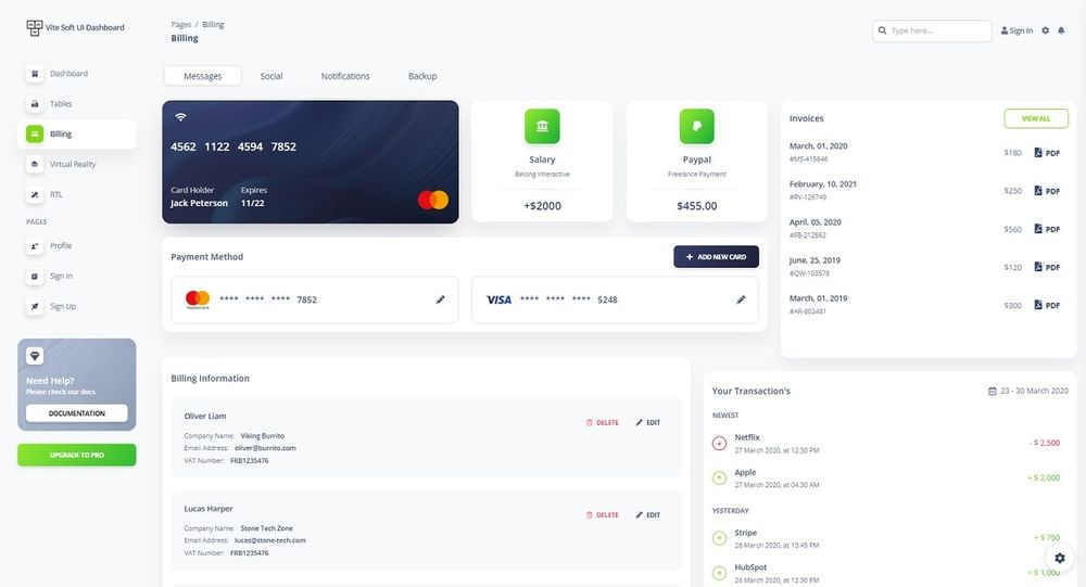 Vite Soft UI Dashboard (Open-Source) - Billing Page