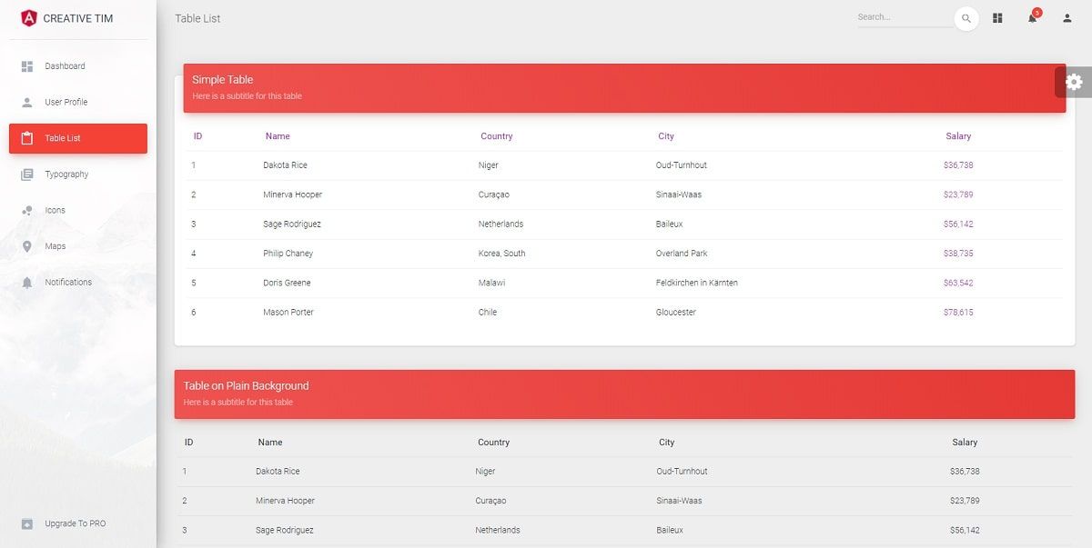 Material Dashboard Angular (Open-Source) - UI Tables