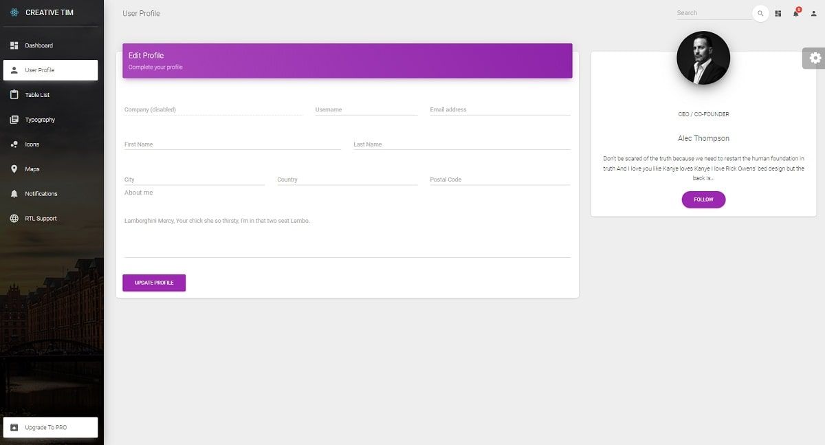 NextJS Material Dashboard - Profile Page.