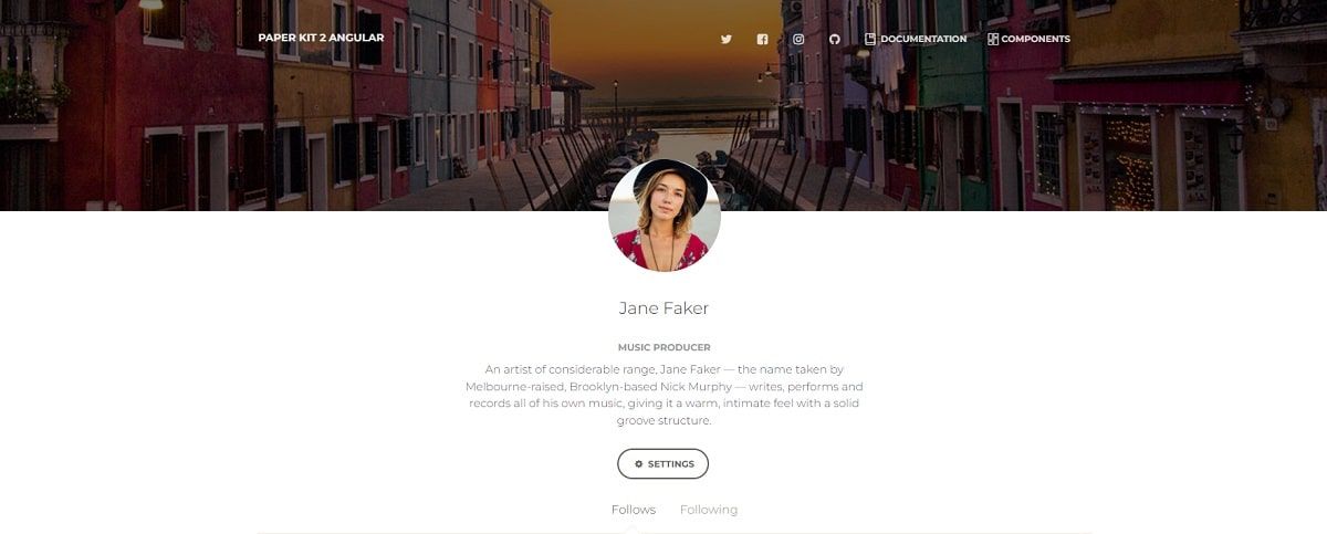 Paper Kit 2 Angular (Open-Source) - Profile Page.