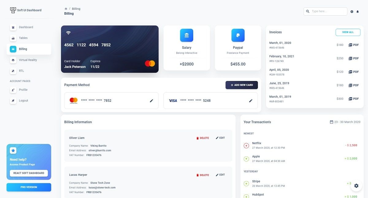 React NodeJS Soft Dashboard (Open-Source) - Billing Page