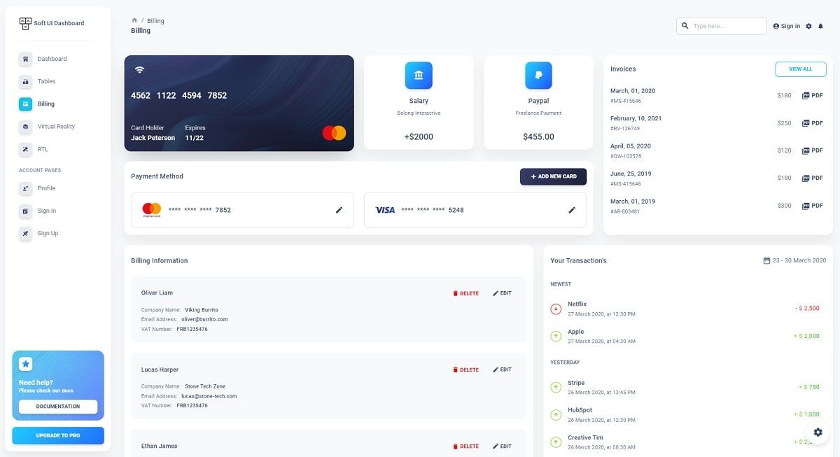 Soft UI Dashboard React - Open-Source Template, Billing Page.