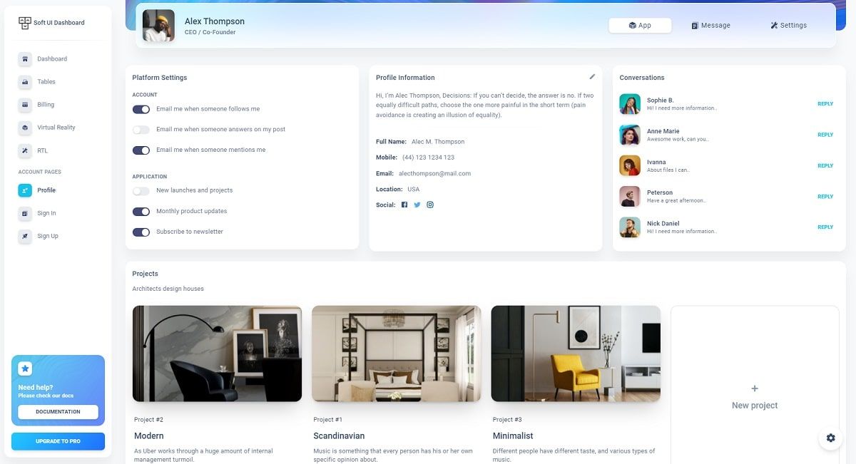 Soft UI Dashboard React - Open-Source Template, Profile Page.