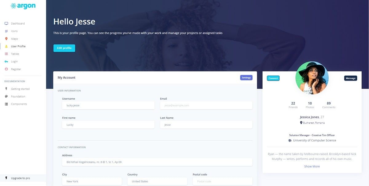 Argon Dashboard Material-UI (Open-Source) - Profile Page