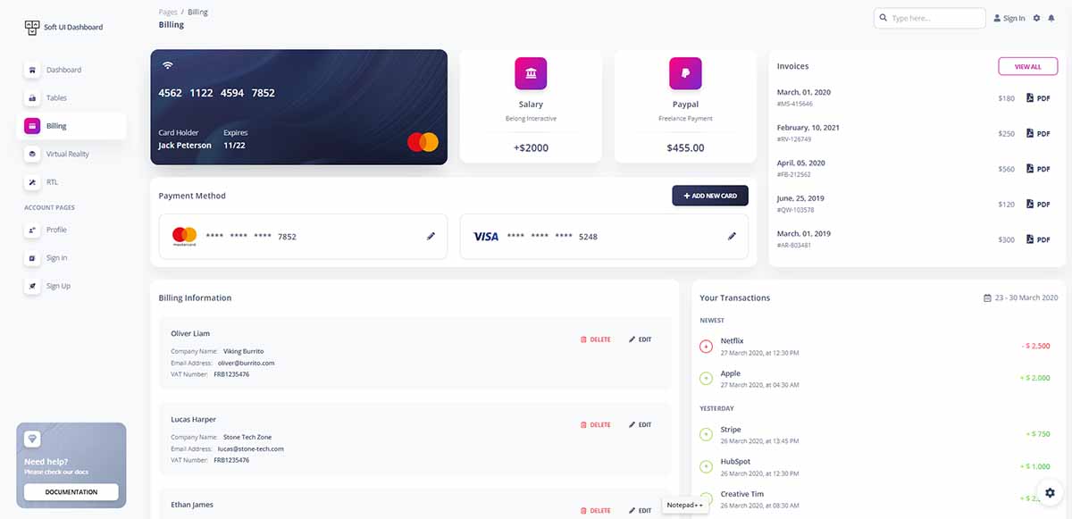 Soft UI Dashboard Tailwind - Billing Page