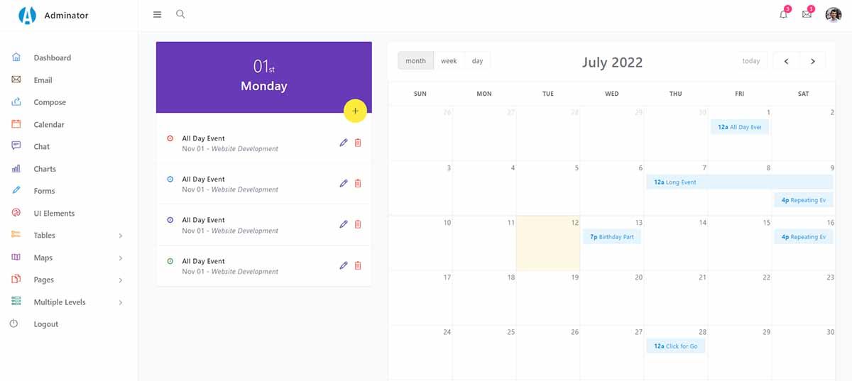 Adminator Flask - Calendar Page (free template)