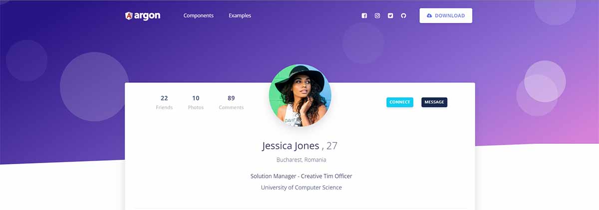 Argon Design System - Profile Page (Open-Source Angular Kit)