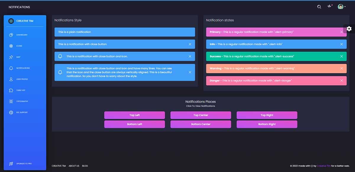 Black Dashboard React - UI Alerts (open-source)