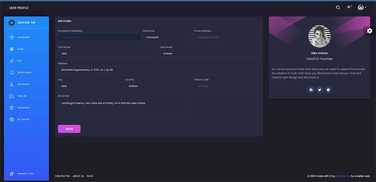 Black Dashboard React - User Profile Page (open-source)