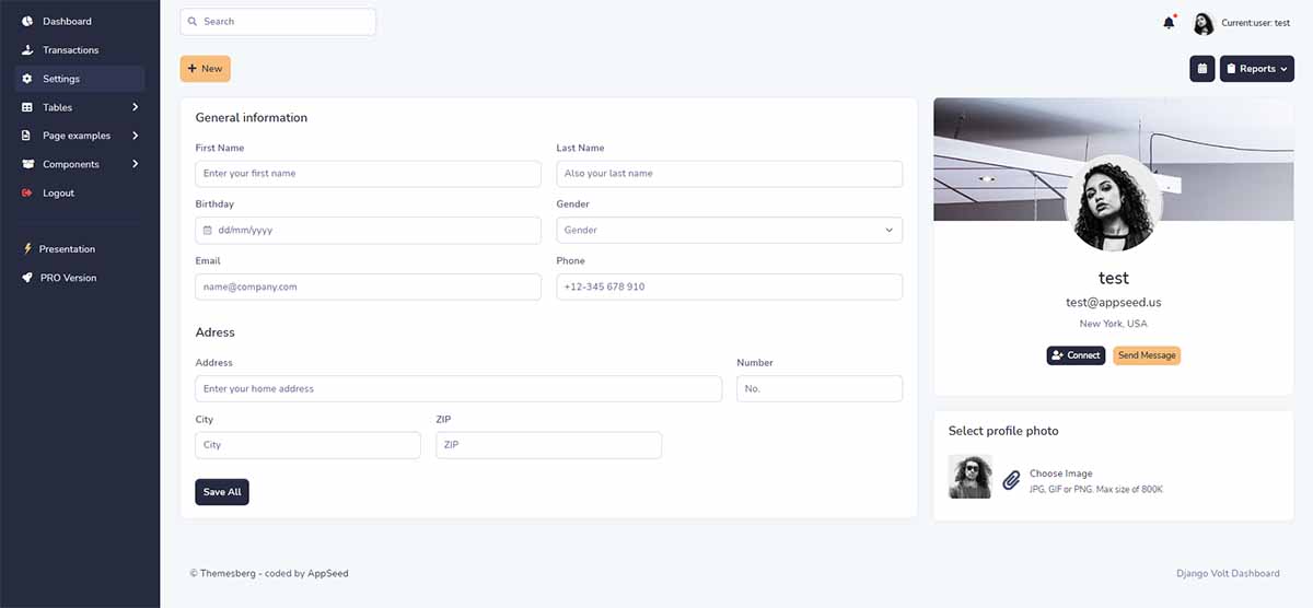 Django Volt Dashboard - User profile page