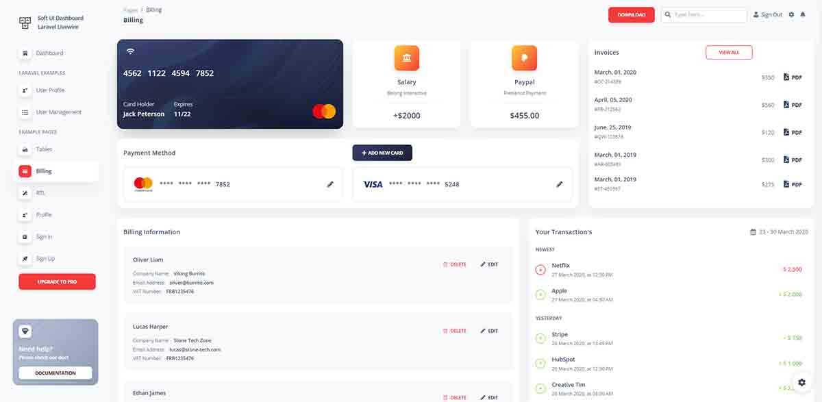 Soft UI Dashboard Laravel Livewire - Billing Page