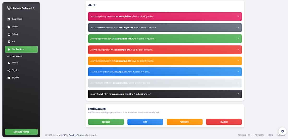 Vue3 Material Dashboard - Alerts Page (open-source)