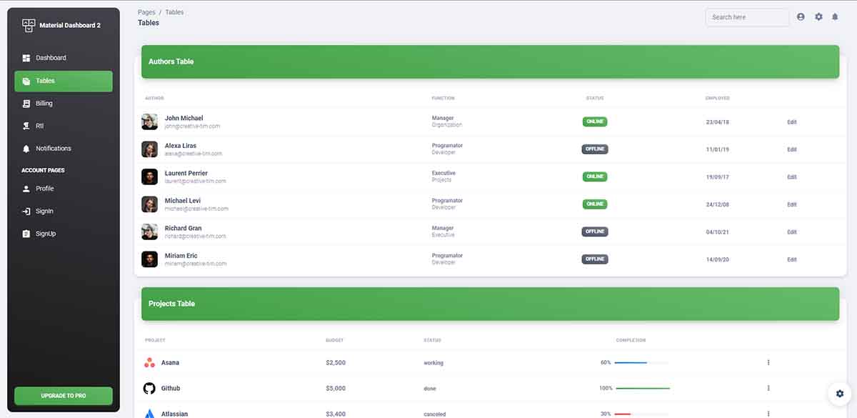 Vue3 Material Dashboard - UI Tables (open-source)