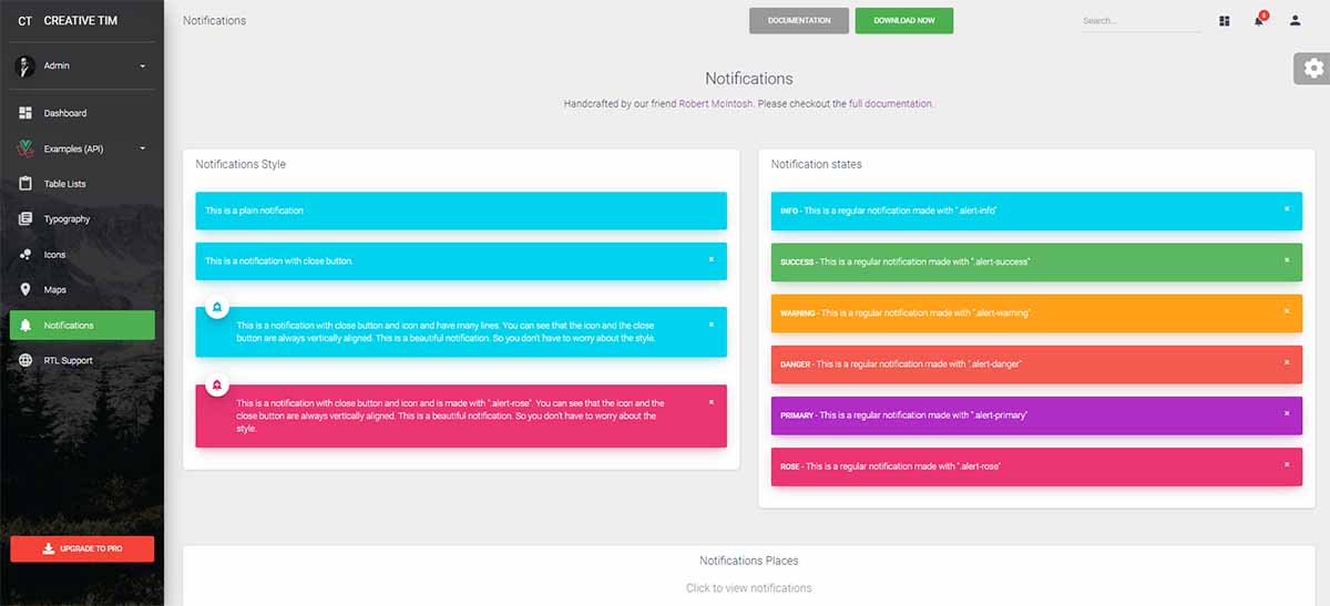 Vue Material Dashboard Laravel - UI Alerts Page (free template).