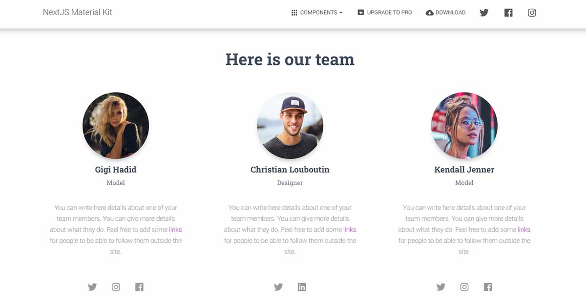 Next JS Material Kit - Team Component (free template)
