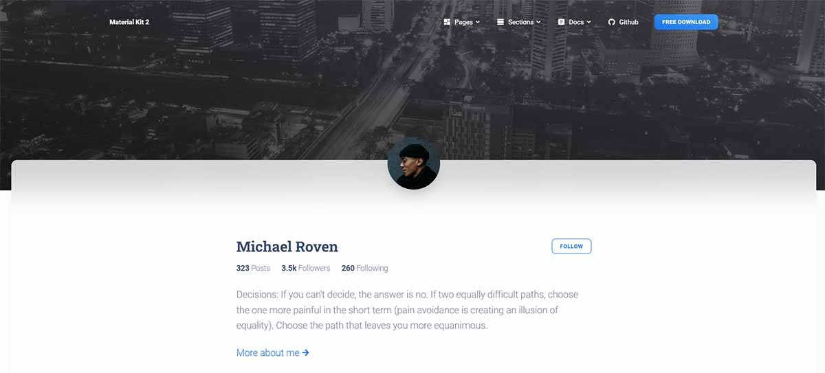 React Profile Page - Material Kit React (free template)