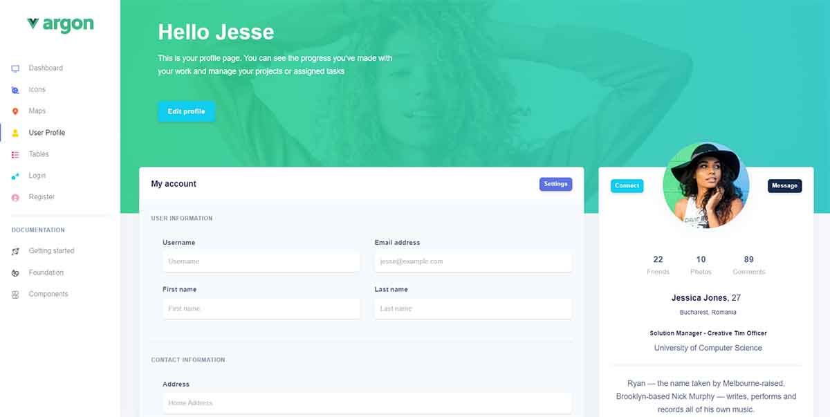 Vue Argon Dashboard - Profile Page (open-source)