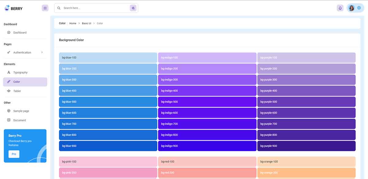 Berry Angular Dashboard - Colors Page