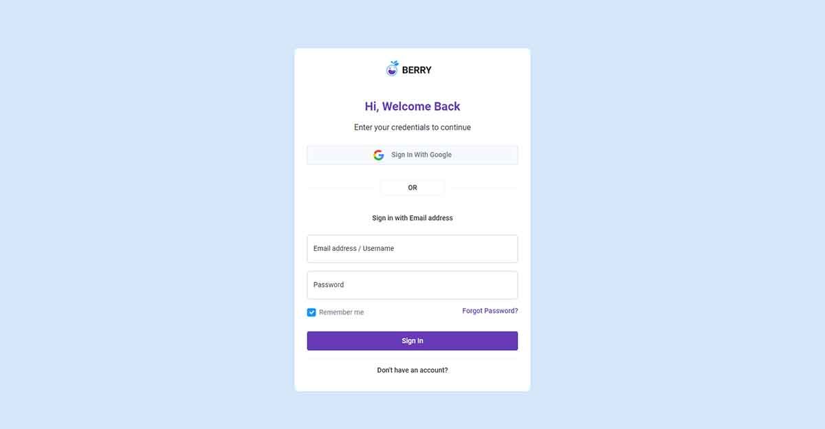 Berry Angular Dashboard - SignIN Page